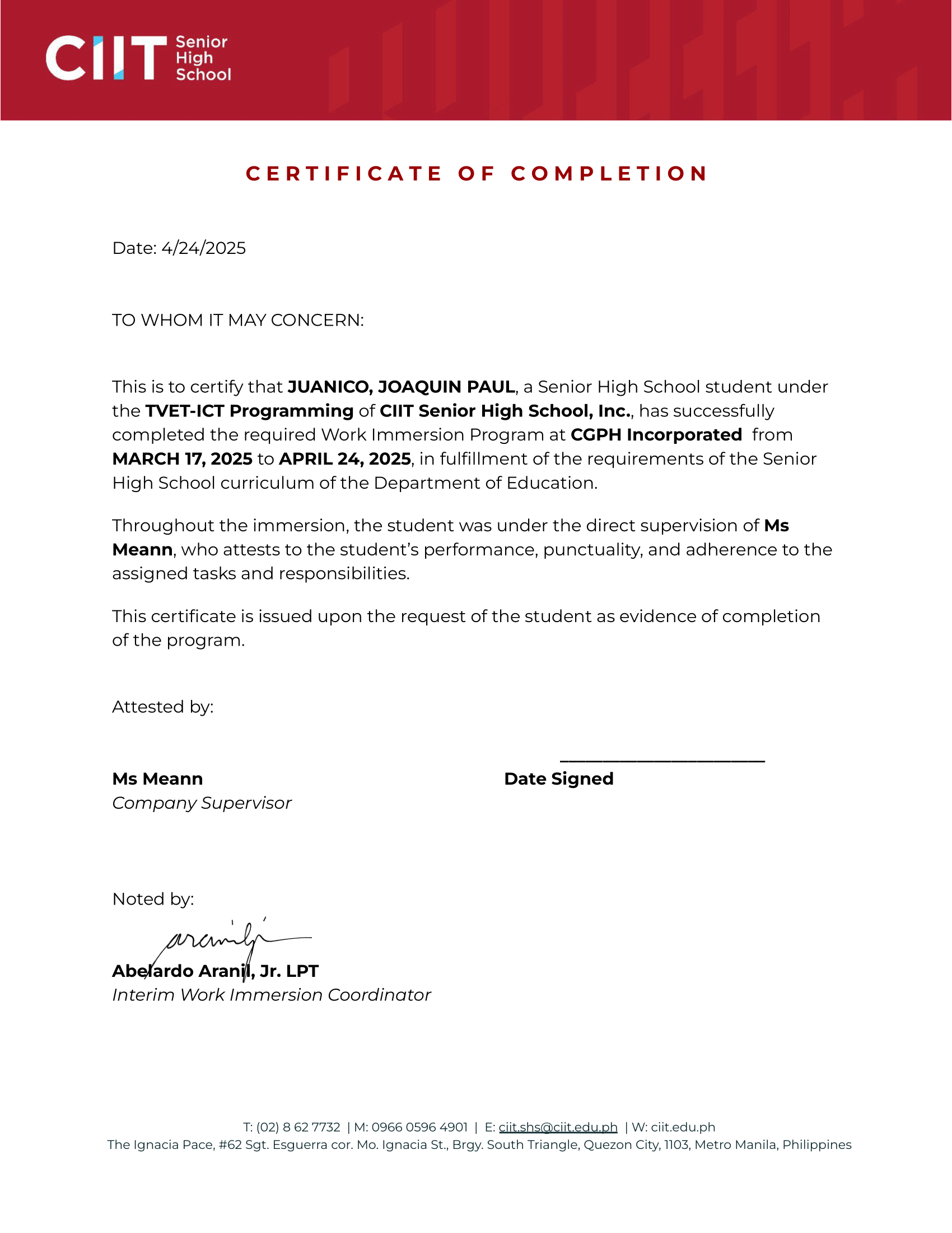 Wrok Imersion Certificate